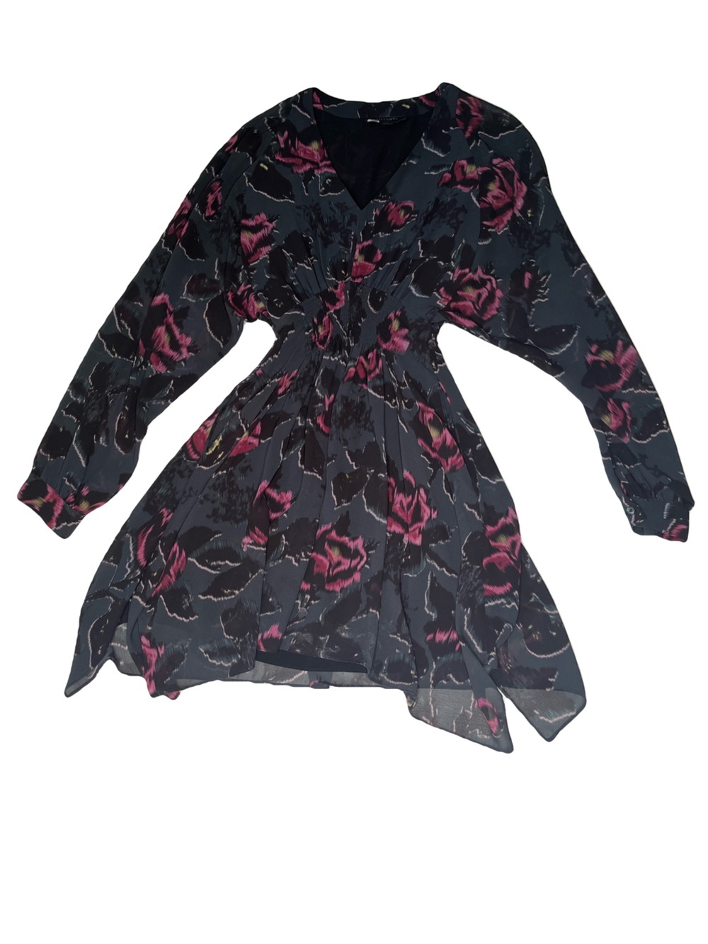 AllSaints Dress Dark Floral Long Sleeve Mini Whimsigoth Boho V-Neck Batwing